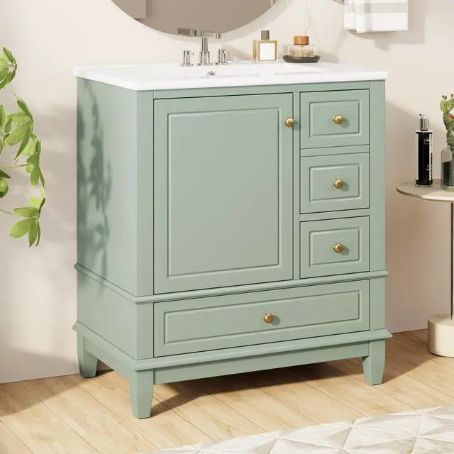 Alt view image 3 of 6 - 30 Inch Sage Green Bathroom Vanity with Sink,Modern Bathroom Vanity with 3 Drawers & Gold Knobs,with Integrated Ceramic Countertop,Soft Closing Door with Storage Organizer,Solid Wood Frame(94G)