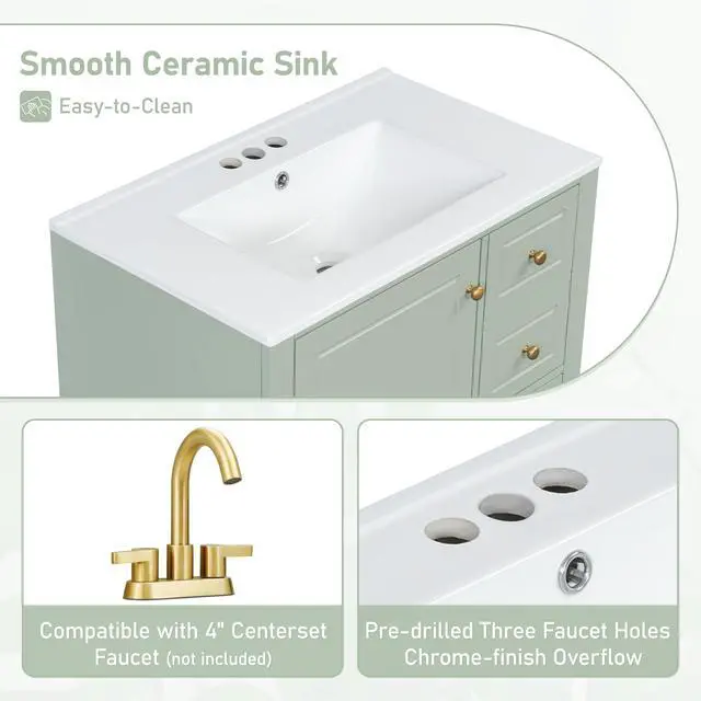 Alt view image 4 of 6 - 30 Inch Sage Green Bathroom Vanity with Sink,Modern Bathroom Vanity with 3 Drawers & Gold Knobs,with Integrated Ceramic Countertop,Soft Closing Door with Storage Organizer,Solid Wood Frame(94G)