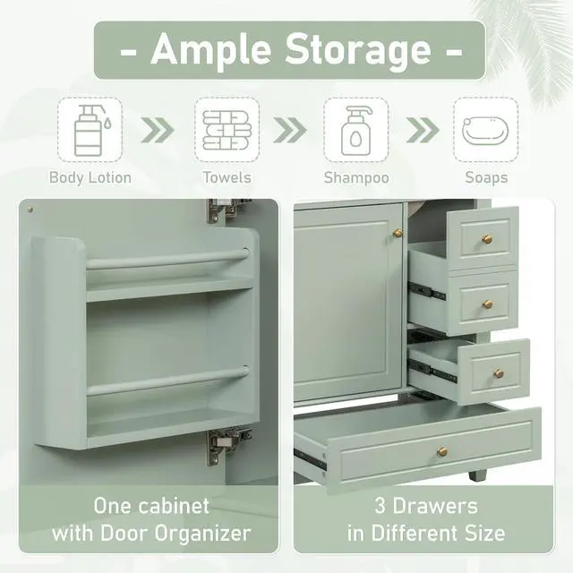 Alt view image 5 of 6 - 30 Inch Sage Green Bathroom Vanity with Sink,Modern Bathroom Vanity with 3 Drawers & Gold Knobs,with Integrated Ceramic Countertop,Soft Closing Door with Storage Organizer,Solid Wood Frame(94G)