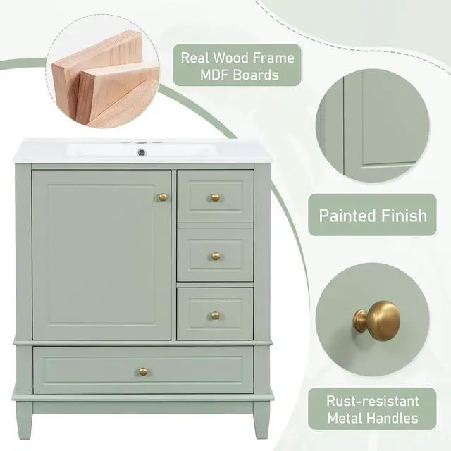 Alt view image 6 of 6 - 30 Inch Sage Green Bathroom Vanity with Sink,Modern Bathroom Vanity with 3 Drawers & Gold Knobs,with Integrated Ceramic Countertop,Soft Closing Door with Storage Organizer,Solid Wood Frame(94G)