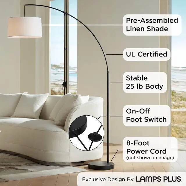 Alt view image 3 of 6 - Cora Mid Century Modern Arc Floor Lamp 72" Tall Black Metal White Linen Fabric Drum Shade Decor for Living Room Reading House Bedroom Home Office House