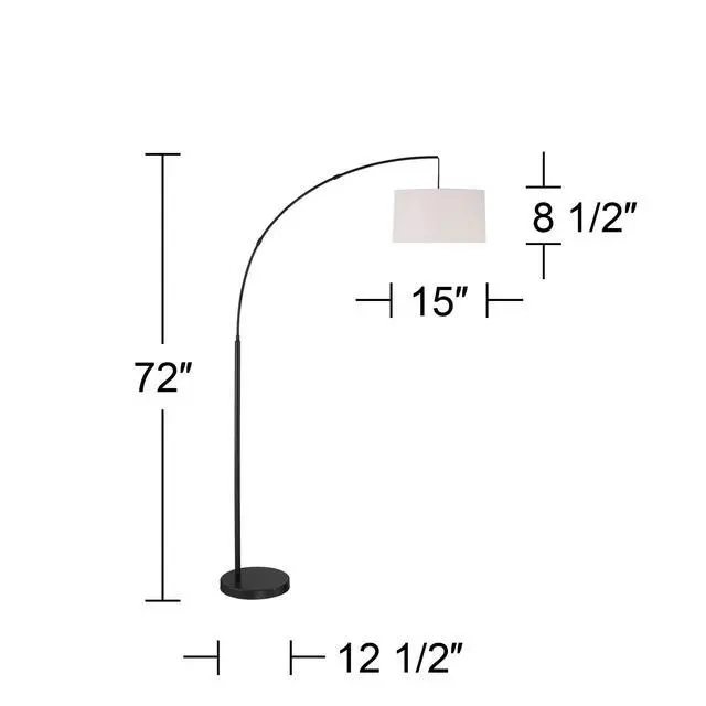 Alt view image 4 of 6 - Cora Mid Century Modern Arc Floor Lamp 72" Tall Black Metal White Linen Fabric Drum Shade Decor for Living Room Reading House Bedroom Home Office House