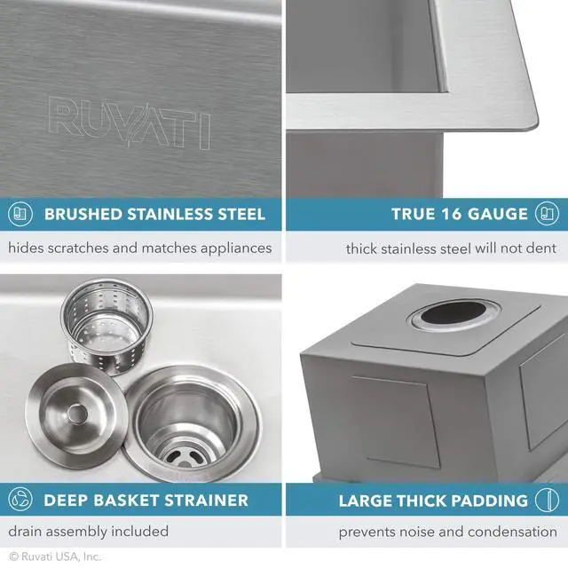Alt view image 6 of 6 - 15 x 15 inch Workstation Drop-in Topmount Bar Prep RV Sink 16 Gauge Stainless Steel - RVH8215