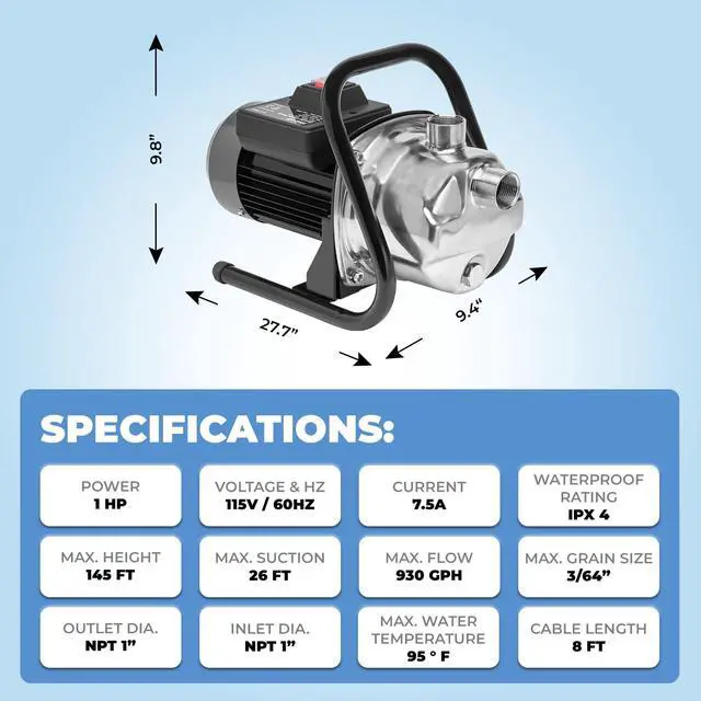 Alt view image 5 of 6 - 1HP Portable Shallow Well Pump Water Transfer Pump 930GPH Pressure Booster Pump Irrigation Lawn Farm Water Removal