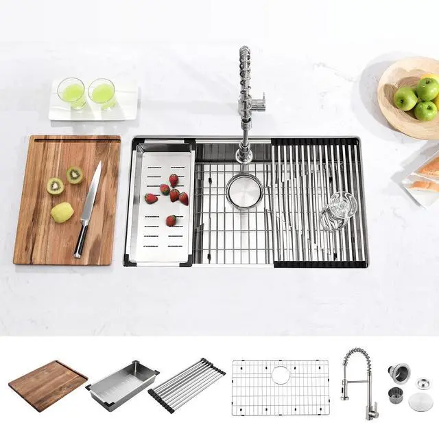 Main image of 32-inch Undermount Handmade Workstation 304 Stainless Steel Kitchen Sink Single Bowl Basin Faucet Combo in With Grid cutting board colander drying rack and Strainer