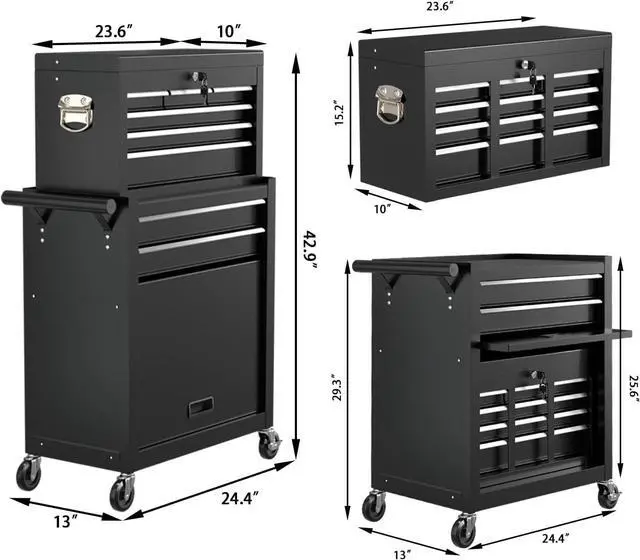Alt view image 2 of 6 - 8 Drawer Rolling Tool Chest, High Capacity Tool Box with Lockable Wheels and Drawers, 2 in 1 Portable Toolbox Organizer Storage Cabinet For Garage, Warehouse, Repair Shop