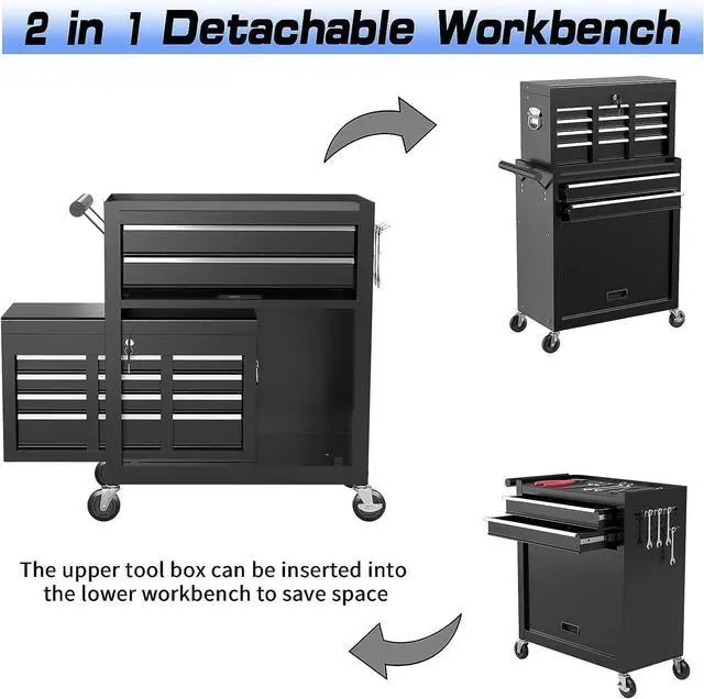 Alt view image 3 of 6 - 8 Drawer Rolling Tool Chest, High Capacity Tool Box with Lockable Wheels and Drawers, 2 in 1 Portable Toolbox Organizer Storage Cabinet For Garage, Warehouse, Repair Shop