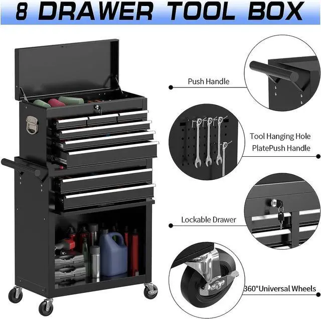 Alt view image 4 of 6 - 8 Drawer Rolling Tool Chest, High Capacity Tool Box with Lockable Wheels and Drawers, 2 in 1 Portable Toolbox Organizer Storage Cabinet For Garage, Warehouse, Repair Shop