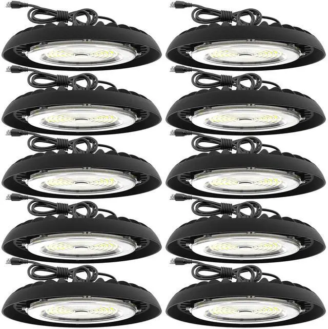 Main image of Sunco 10 Pack UFO LED High Bay Light, 200W, 28000 Lumens, 6000k Ultra Bright Commercial Shop Lights for Warehouse, Factory, Workshop, Garage & Barn, Ceiling Mount, 120V Non-Dimmable, Plug & Play, UL