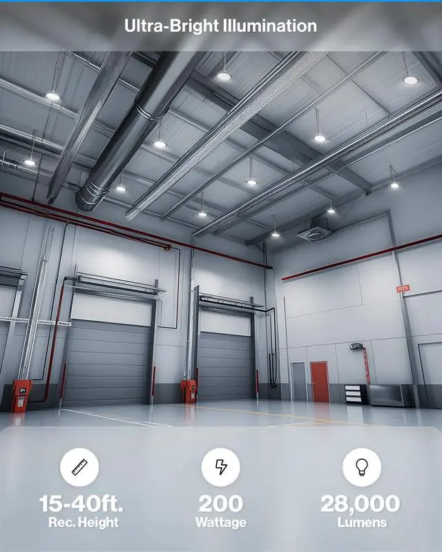 Alt view image 2 of 6 - Sunco 10 Pack UFO LED High Bay Light, 200W, 28000 Lumens, 6000k Ultra Bright Commercial Shop Lights for Warehouse, Factory, Workshop, Garage & Barn, Ceiling Mount, 120V Non-Dimmable, Plug & Play, UL