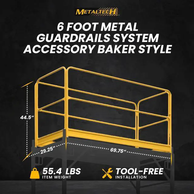 Alt view image 2 of 6 - 6-Foot Baker-Style Scaffolding Guardrail System with Gates | Heavy-Duty Steel Safety Rail Set with 4 Gravity Locks | Yellow Powder-Coat Finish, | Model I-CISGRJP