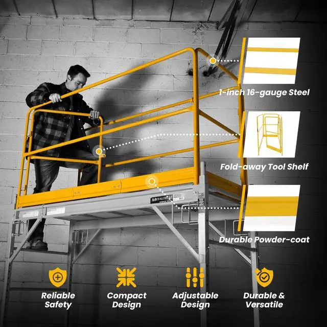 Alt view image 3 of 6 - 6-Foot Baker-Style Scaffolding Guardrail System with Gates | Heavy-Duty Steel Safety Rail Set with 4 Gravity Locks | Yellow Powder-Coat Finish, | Model I-CISGRJP