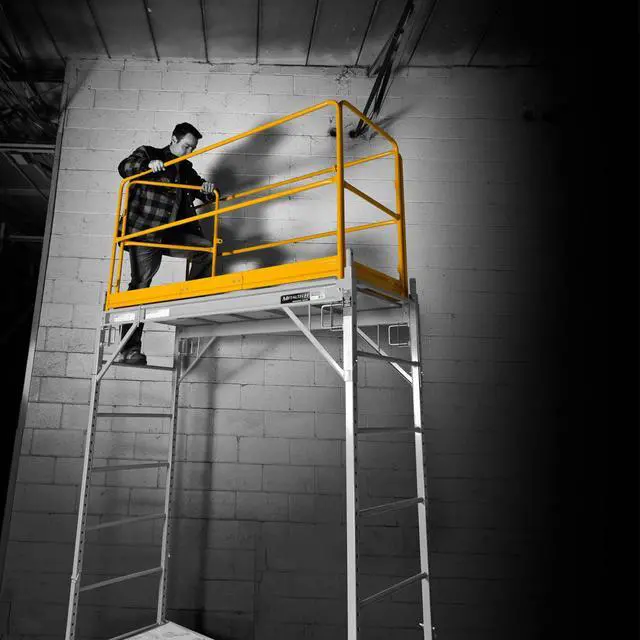 Alt view image 5 of 6 - 6-Foot Baker-Style Scaffolding Guardrail System with Gates | Heavy-Duty Steel Safety Rail Set with 4 Gravity Locks | Yellow Powder-Coat Finish, | Model I-CISGRJP