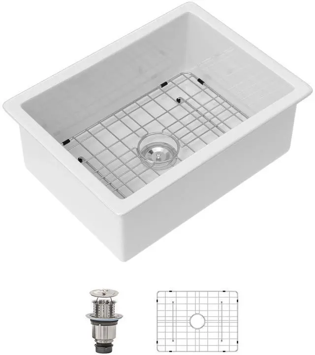 Main image of White Unermount Kitchen Sink Single Bowl Dual Mount Fireclay Porcelain Sink With Bottom And Drainer 24"W×18"D×9"H, DC-UC2542001