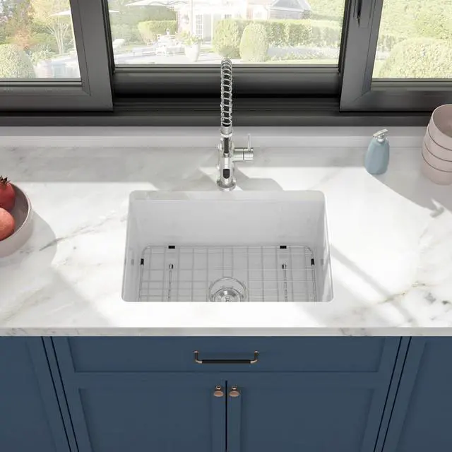Alt view image 2 of 6 - White Unermount Kitchen Sink Single Bowl Dual Mount Fireclay Porcelain Sink With Bottom And Drainer 24"W×18"D×9"H, DC-UC2542001
