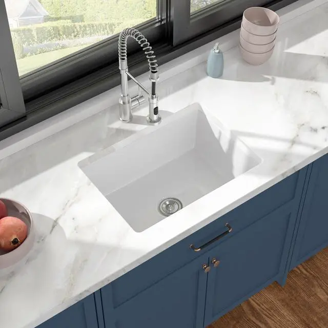Alt view image 3 of 6 - White Unermount Kitchen Sink Single Bowl Dual Mount Fireclay Porcelain Sink With Bottom And Drainer 24"W×18"D×9"H, DC-UC2542001