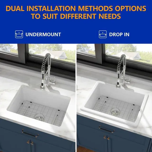 Alt view image 5 of 6 - White Unermount Kitchen Sink Single Bowl Dual Mount Fireclay Porcelain Sink With Bottom And Drainer 24"W×18"D×9"H, DC-UC2542001