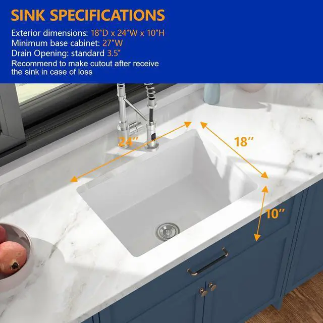 Alt view image 6 of 6 - White Unermount Kitchen Sink Single Bowl Dual Mount Fireclay Porcelain Sink With Bottom And Drainer 24"W×18"D×9"H, DC-UC2542001