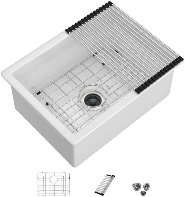 Main image of 24 In. Undermount Kitchen Sink White Fireclay Single Bowl, Dual Mount Drop In Design with Porcelain Glazed Ceramic Surface, 24"x18"x9" #DC-UC261101