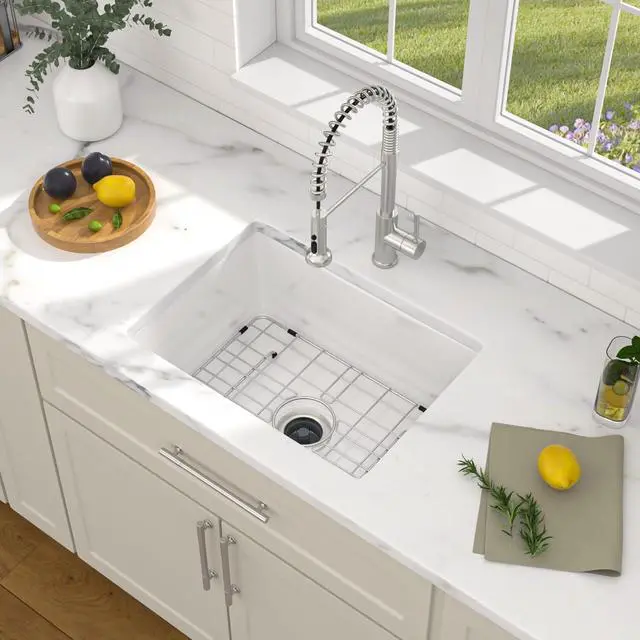Alt view image 2 of 6 - 24 In. Undermount Kitchen Sink White Fireclay Single Bowl, Dual Mount Drop In Design with Porcelain Glazed Ceramic Surface, 24"x18"x9" #DC-UC261101