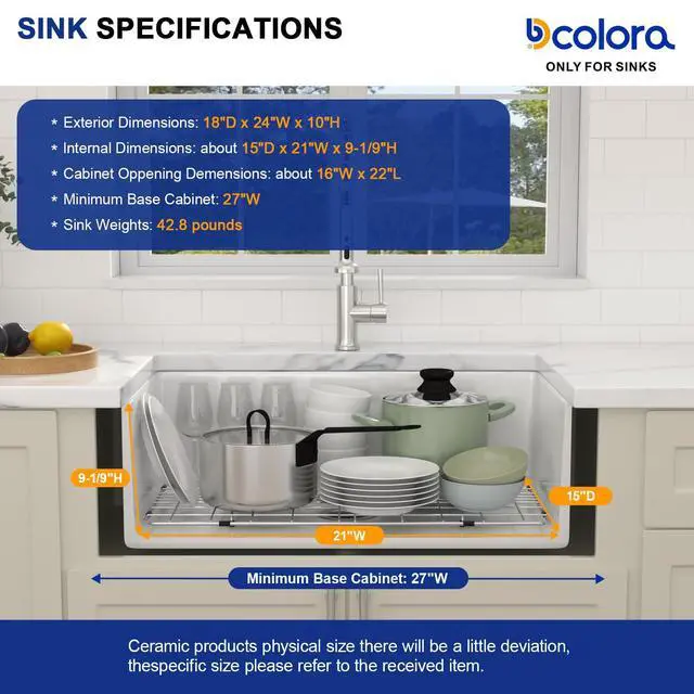 Alt view image 3 of 6 - 24 In. Undermount Kitchen Sink White Fireclay Single Bowl, Dual Mount Drop In Design with Porcelain Glazed Ceramic Surface, 24"x18"x9" #DC-UC261101