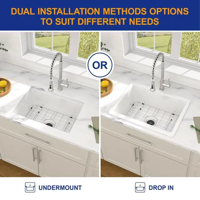 Alt view image 4 of 6 - 24 In. Undermount Kitchen Sink White Fireclay Single Bowl, Dual Mount Drop In Design with Porcelain Glazed Ceramic Surface, 24"x18"x9" #DC-UC261101