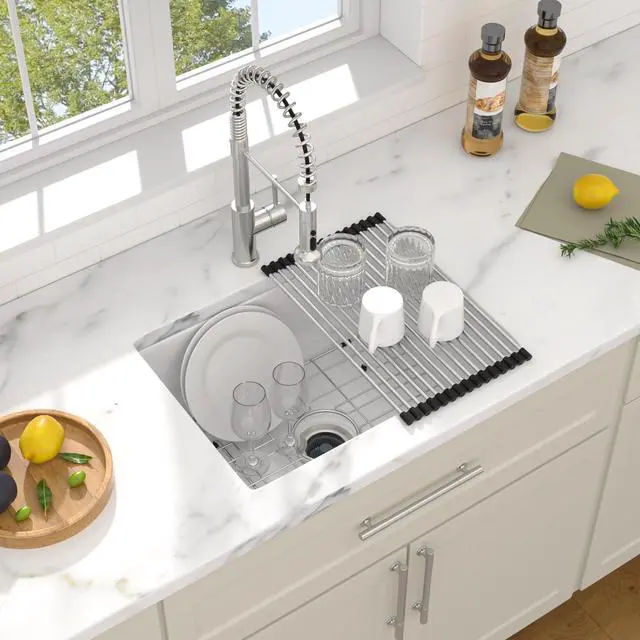 Alt view image 5 of 6 - 24 In. Undermount Kitchen Sink White Fireclay Single Bowl, Dual Mount Drop In Design with Porcelain Glazed Ceramic Surface, 24"x18"x9" #DC-UC261101