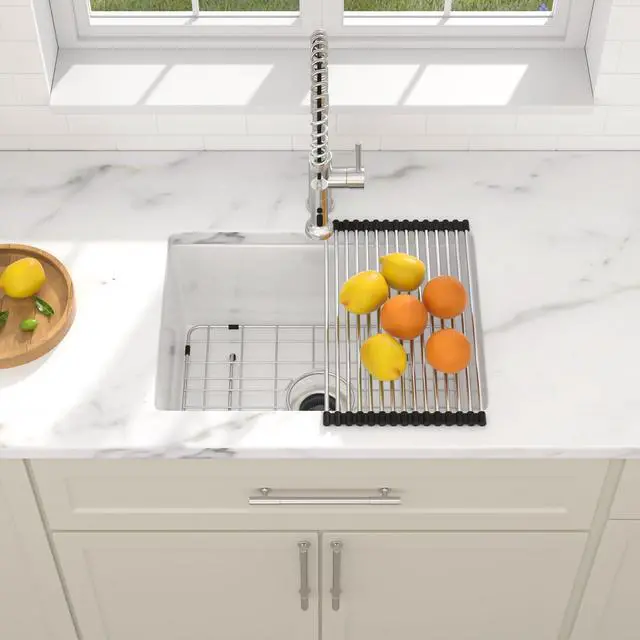 Alt view image 6 of 6 - 24 In. Undermount Kitchen Sink White Fireclay Single Bowl, Dual Mount Drop In Design with Porcelain Glazed Ceramic Surface, 24"x18"x9" #DC-UC261101