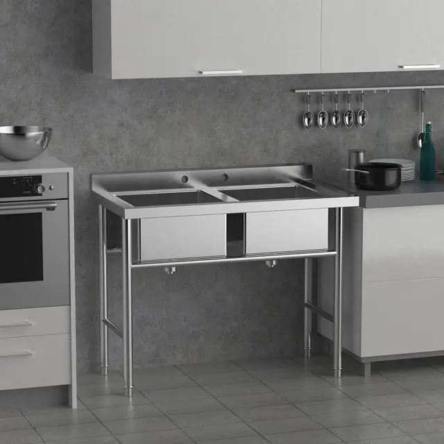 Alt view image 2 of 6 - Commercial 304 Stainless Steel Sink 2 Compartment Free Standing Utility Sink for Garage, Restaurant, Kitchen, Laundry Room, Outdoor, 35.8" W x 21.3" D x 40" H