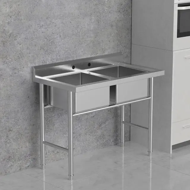 Alt view image 4 of 6 - Commercial 304 Stainless Steel Sink 2 Compartment Free Standing Utility Sink for Garage, Restaurant, Kitchen, Laundry Room, Outdoor, 35.8" W x 21.3" D x 40" H