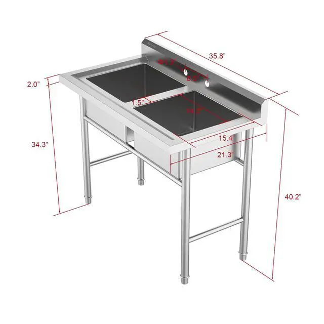 Alt view image 5 of 6 - Commercial 304 Stainless Steel Sink 2 Compartment Free Standing Utility Sink for Garage, Restaurant, Kitchen, Laundry Room, Outdoor, 35.8" W x 21.3" D x 40" H