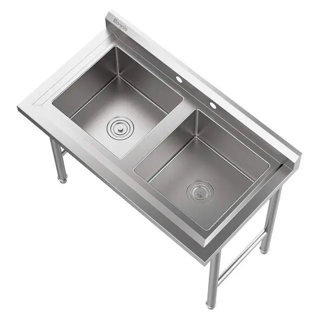 Alt view image 6 of 6 - Commercial 304 Stainless Steel Sink 2 Compartment Free Standing Utility Sink for Garage, Restaurant, Kitchen, Laundry Room, Outdoor, 35.8" W x 21.3" D x 40" H