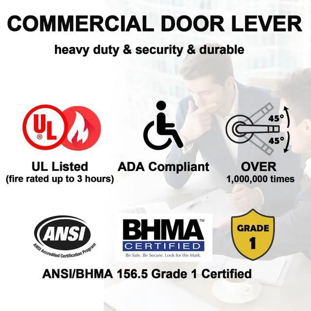 Alt view image 2 of 6 - Keyed Entry Grade 1 Commercial Door Locks Heavy Duty Office Door Lever, Non-Handed, UL 3 Hour Fire Rated, ADA Compliant, Brass Latch, 2-3/4''Backset, Satin Chrome 26D