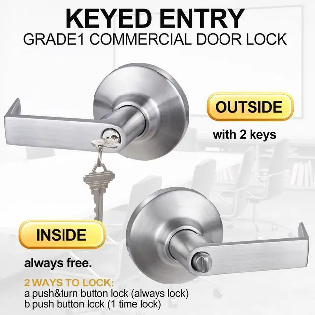 Alt view image 3 of 6 - Keyed Entry Grade 1 Commercial Door Locks Heavy Duty Office Door Lever, Non-Handed, UL 3 Hour Fire Rated, ADA Compliant, Brass Latch, 2-3/4''Backset, Satin Chrome 26D