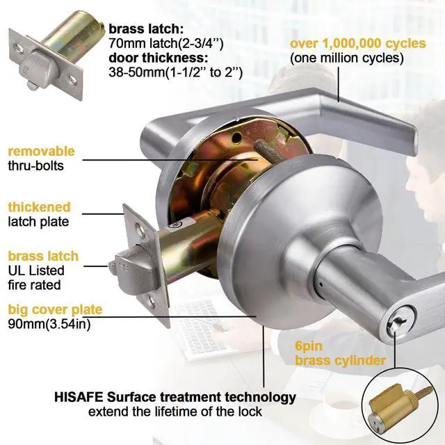 Alt view image 4 of 6 - Keyed Entry Grade 1 Commercial Door Locks Heavy Duty Office Door Lever, Non-Handed, UL 3 Hour Fire Rated, ADA Compliant, Brass Latch, 2-3/4''Backset, Satin Chrome 26D