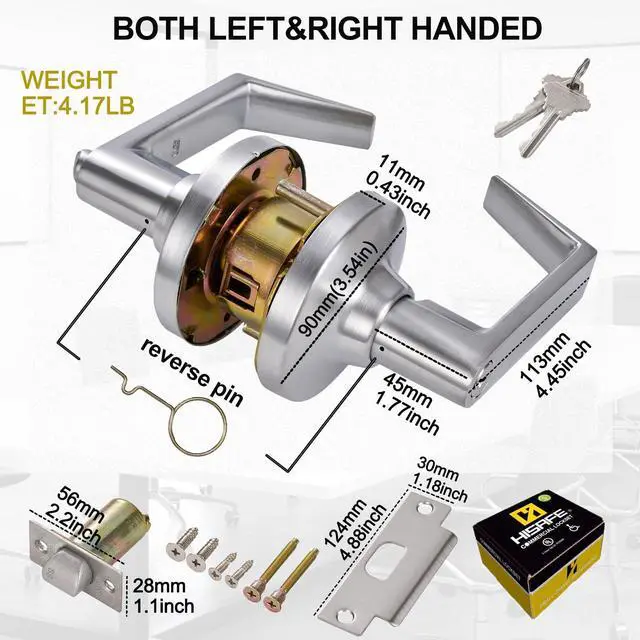 Alt view image 5 of 6 - Keyed Entry Grade 1 Commercial Door Locks Heavy Duty Office Door Lever, Non-Handed, UL 3 Hour Fire Rated, ADA Compliant, Brass Latch, 2-3/4''Backset, Satin Chrome 26D