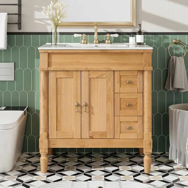 Main image of 30" Bathroom Vanity with Sink, 4 Solid Legs, 3 Drawers 2 Doors, Modern Freestanding Wooden Bathroom Cabinet with Undermount Upgraded Ceramic Sink, Quick Assembly, Nature Wood
