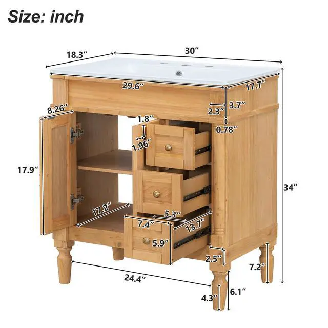 Alt view image 2 of 6 - 30" Bathroom Vanity with Sink, 4 Solid Legs, 3 Drawers 2 Doors, Modern Freestanding Wooden Bathroom Cabinet with Undermount Upgraded Ceramic Sink, Quick Assembly, Nature Wood