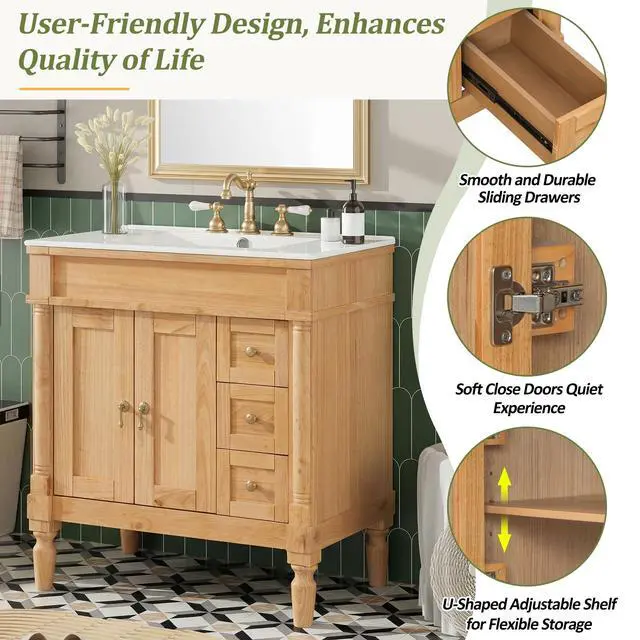 Alt view image 4 of 6 - 30" Bathroom Vanity with Sink, 4 Solid Legs, 3 Drawers 2 Doors, Modern Freestanding Wooden Bathroom Cabinet with Undermount Upgraded Ceramic Sink, Quick Assembly, Nature Wood
