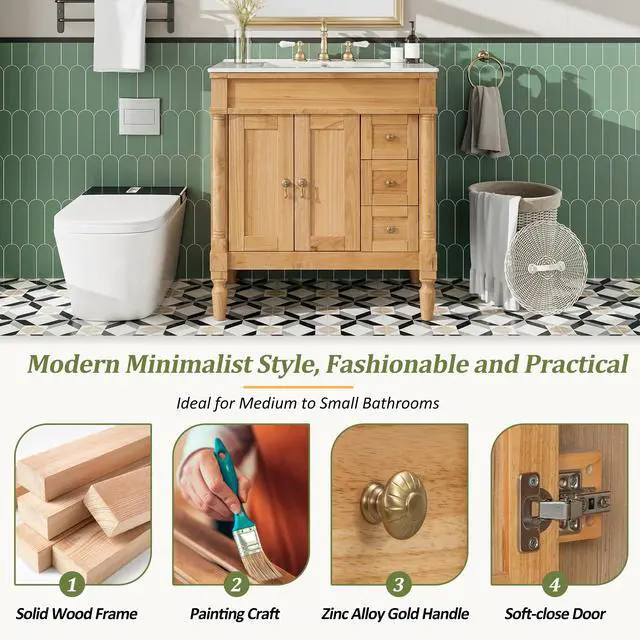 Alt view image 5 of 6 - 30" Bathroom Vanity with Sink, 4 Solid Legs, 3 Drawers 2 Doors, Modern Freestanding Wooden Bathroom Cabinet with Undermount Upgraded Ceramic Sink, Quick Assembly, Nature Wood