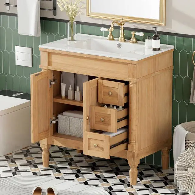Alt view image 6 of 6 - 30" Bathroom Vanity with Sink, 4 Solid Legs, 3 Drawers 2 Doors, Modern Freestanding Wooden Bathroom Cabinet with Undermount Upgraded Ceramic Sink, Quick Assembly, Nature Wood