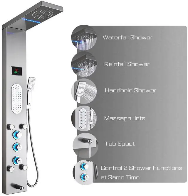 Main image of LED Shower Panel Tower System, Rainfall and Mist Head Rain Massage Stainless Steel Shower Fixtures with Adjustable Body Jets, Brushed Nickel