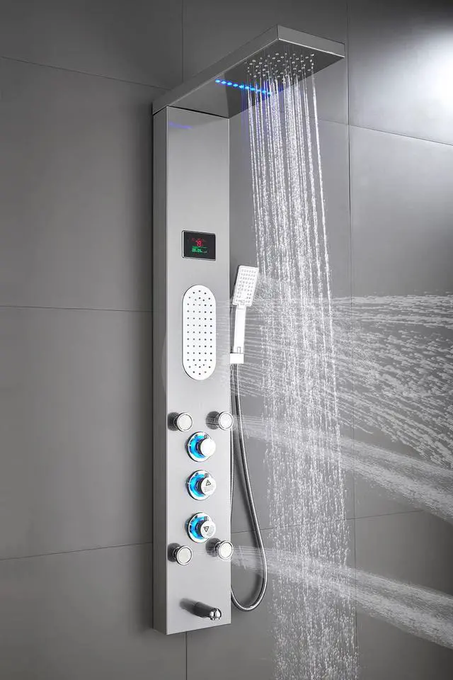 Alt view image 2 of 6 - LED Shower Panel Tower System, Rainfall and Mist Head Rain Massage Stainless Steel Shower Fixtures with Adjustable Body Jets, Brushed Nickel