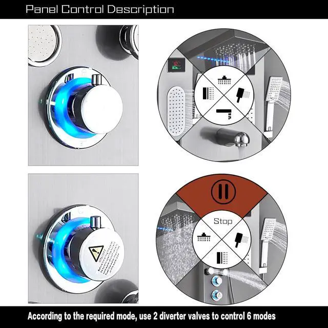 Alt view image 3 of 6 - LED Shower Panel Tower System, Rainfall and Mist Head Rain Massage Stainless Steel Shower Fixtures with Adjustable Body Jets, Brushed Nickel