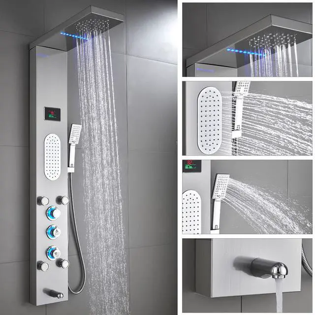 Alt view image 4 of 6 - LED Shower Panel Tower System, Rainfall and Mist Head Rain Massage Stainless Steel Shower Fixtures with Adjustable Body Jets, Brushed Nickel