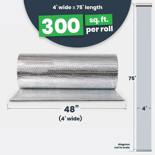 Alt view image 2 of 6 - Double Bubble Insulation Roll 48" x 75' (300 sq. ft.), 6.35mm Thick, Made-in-USA Double Bubble Reflective Foil Insulation Roll for Cold & Warm Climates, Radiant Barrier, Foil Color
