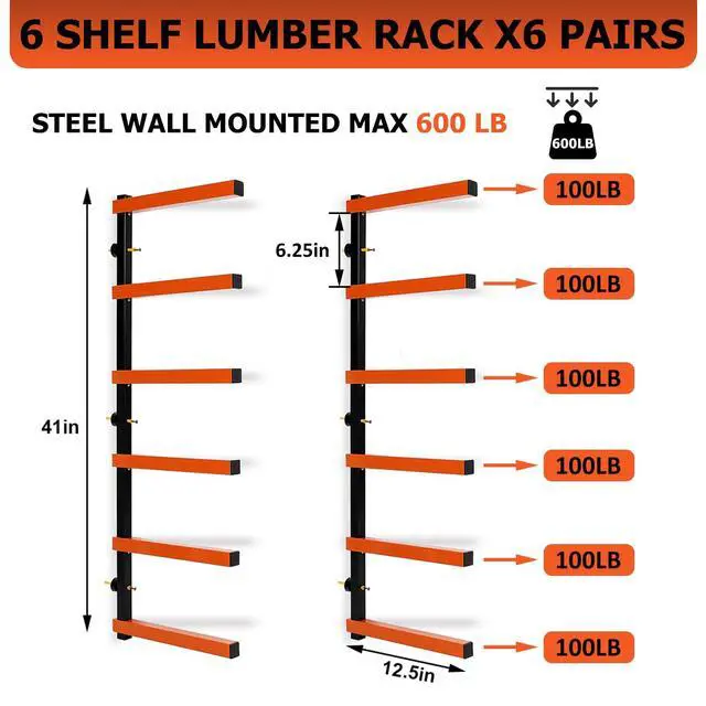 Alt view image 2 of 6 - 6 Pair of 6 Levels Shelf Lumber Rack Lumber Storage Rack Lumber Organizer Wood Organizer Steel Wall Mounted Max 600 Lb