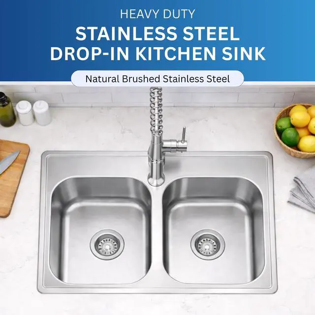 Alt view image 2 of 6 - Zuhnë Fortuna 33-Inch Drop-In Double Bowl Stainless Steel Kitchen Sink, 22 Gauge T304 18/10, Satin Finish, Single Hole Deck, 33 x 19 x 8 in