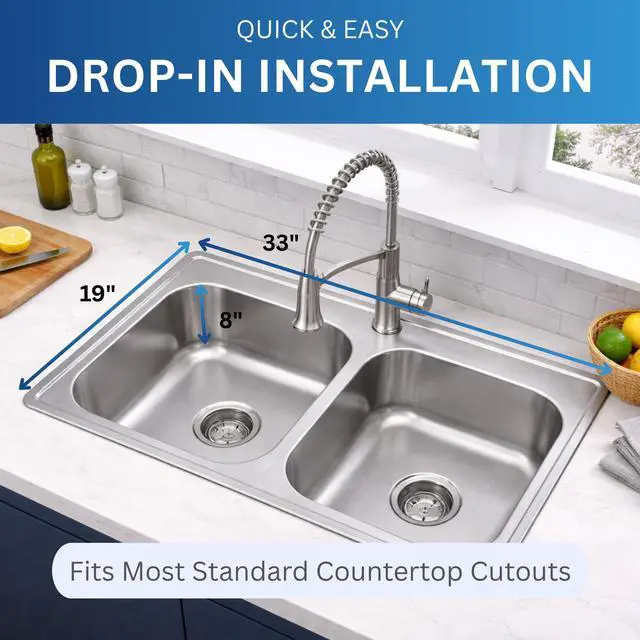Alt view image 3 of 6 - Zuhnë Fortuna 33-Inch Drop-In Double Bowl Stainless Steel Kitchen Sink, 22 Gauge T304 18/10, Satin Finish, Single Hole Deck, 33 x 19 x 8 in