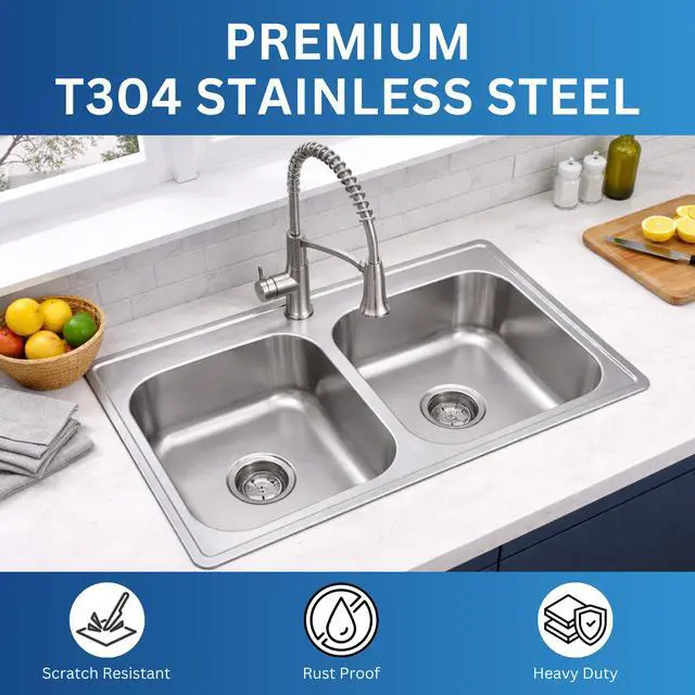 Alt view image 4 of 6 - Zuhnë Fortuna 33-Inch Drop-In Double Bowl Stainless Steel Kitchen Sink, 22 Gauge T304 18/10, Satin Finish, Single Hole Deck, 33 x 19 x 8 in